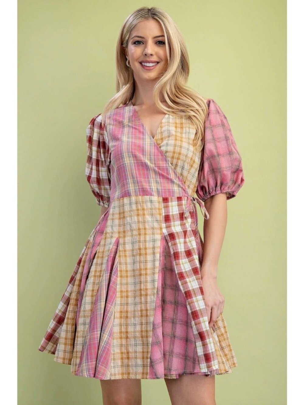 NWT Gigio Mixed Check Print Mini Wrap Dress Western Quilt